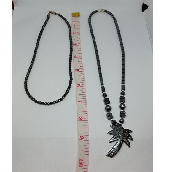 Bundle lot 2 hematite beaded necklaces and palm tree pendant layered look. - Picture 3 of 3